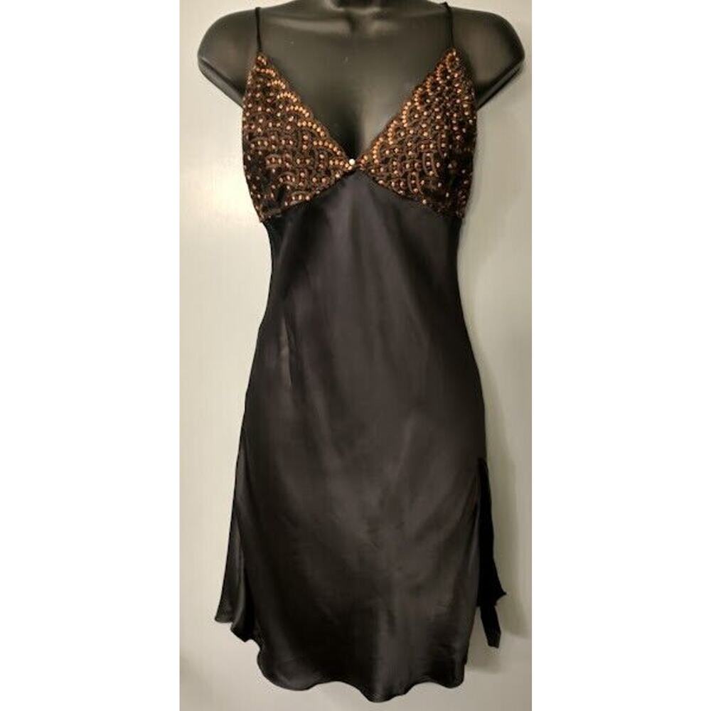 100% Silk Black Chemise Nightgown Gold Lace Chest Side Split Low Scoop Back XL